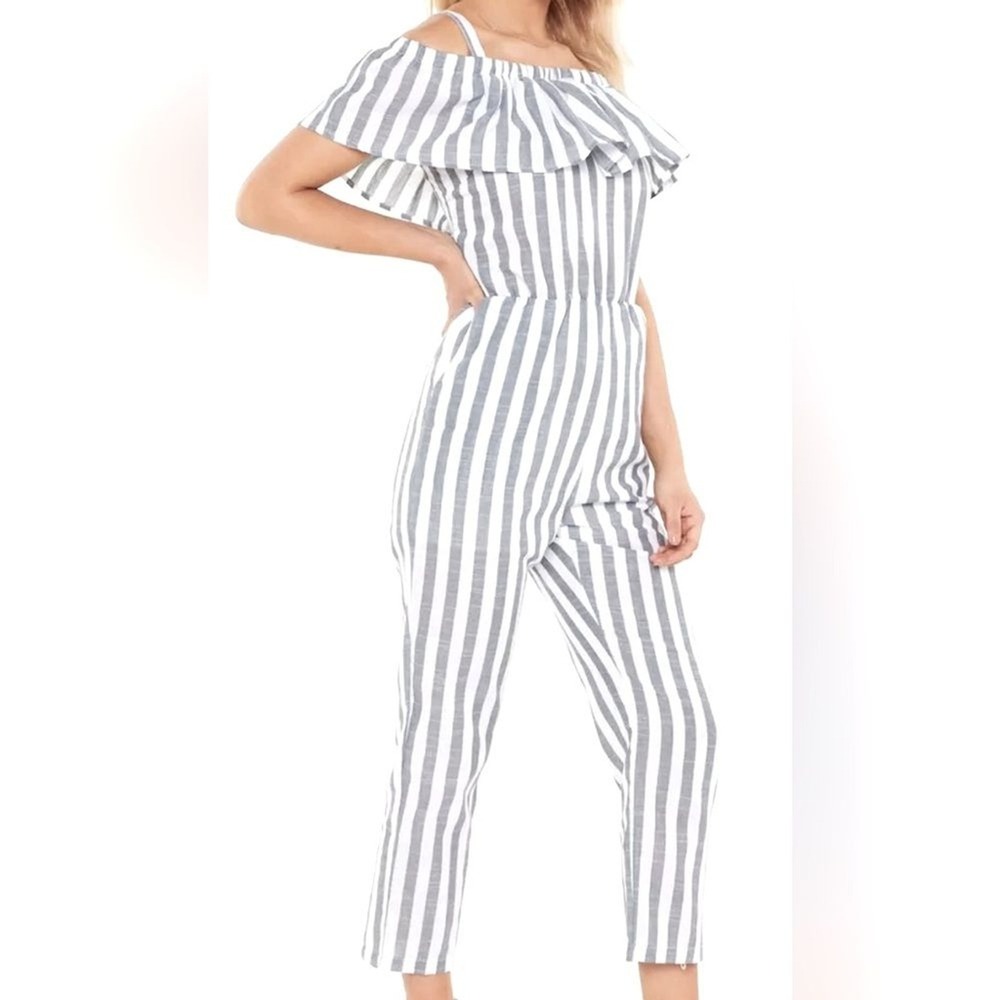 Sweewe Paris Striped Off Shoulder Ruffle Jumpsuit S NWT Coastal French Girl Gray